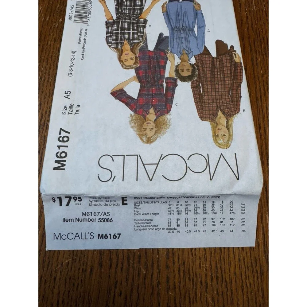 McCalls M6167 Sewing Pattern Misses Tunics Sash Size 6 8 10 12 14 Flannel Shirt
